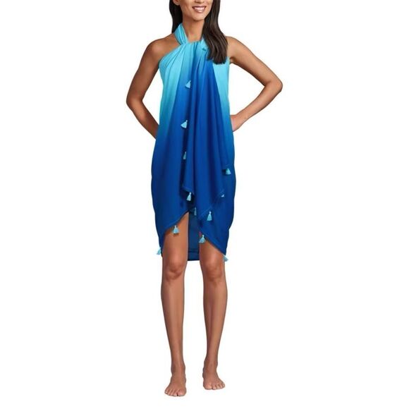 Land’s End bathing suit cover up Scarf Shawl blue Ombré cotton tassels 48 x72 - Picture 5 of 16